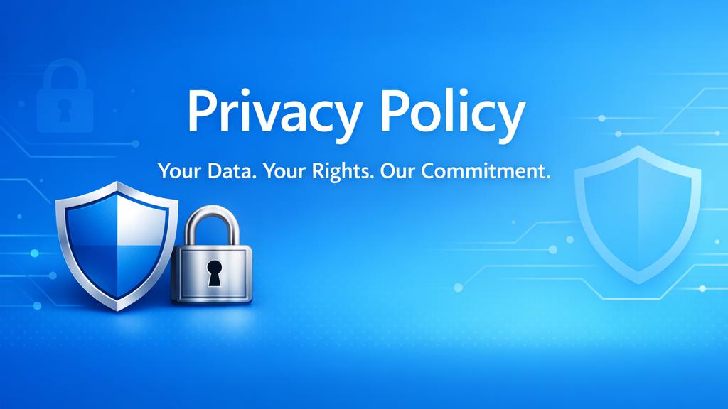 Banner image with Azure blue gradient background, text overlay reading ‘Privacy Policy – Your Data. Your Rights. Our Commitment.’ with shield and lock icons representing security and trust.